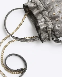 River Island Silver leather studded cross body bag Grey Outlet