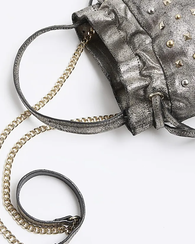River Island Silver leather studded cross body bag Grey Outlet
