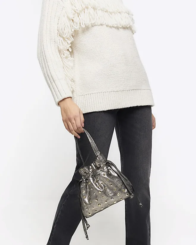 River Island Silver leather studded cross body bag Grey Outlet