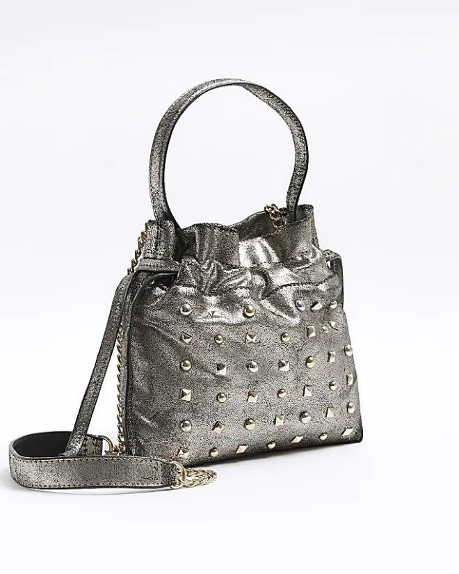 River Island Silver leather studded cross body bag Grey Outlet