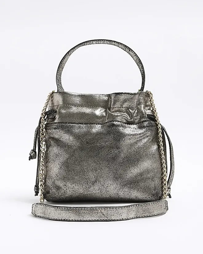 River Island Silver leather studded cross body bag Grey Outlet