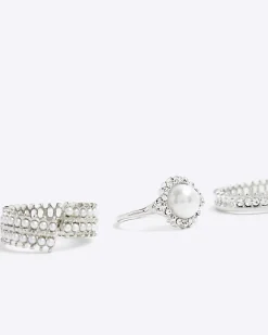River Island Silver Pearl Ring Multipack Grey Discount