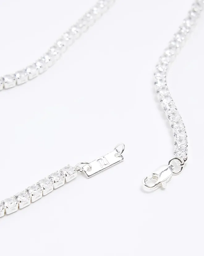 River Island Silver plated diamante necklace Grey Discount
