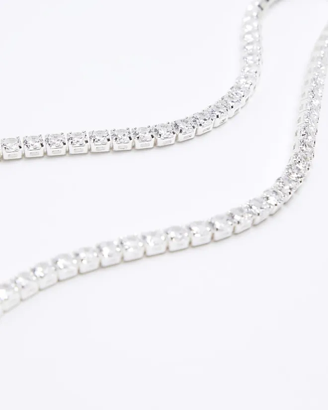 River Island Silver plated diamante necklace Grey Discount