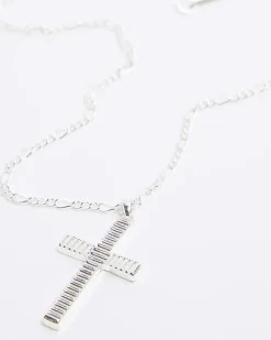 River Island Silver plated textured cross necklace Grey Discount