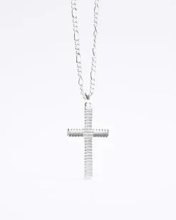 River Island Silver plated textured cross necklace Grey Discount