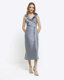 River Island Silver satin frill trim slip midi dress Grey Clearance