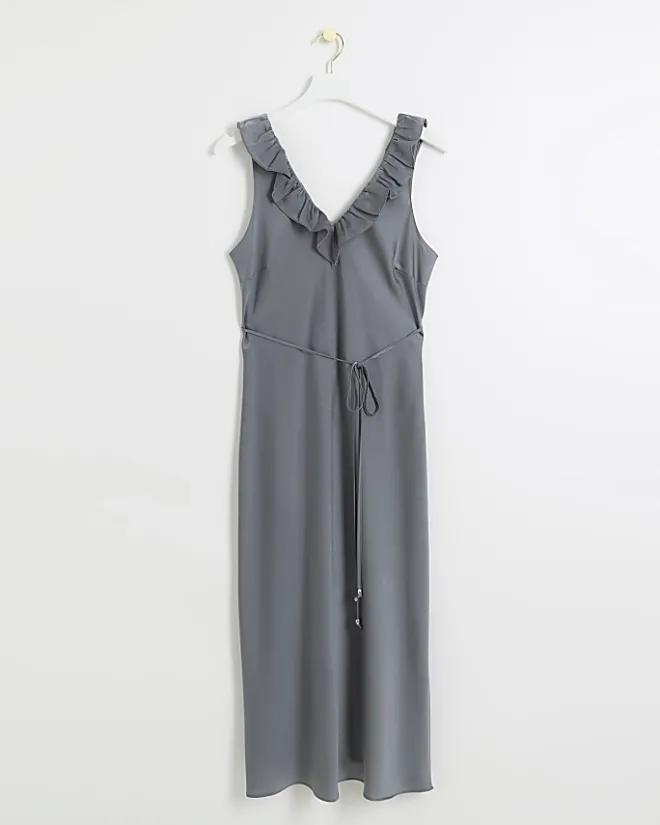 River Island Silver satin frill trim slip midi dress Grey Clearance