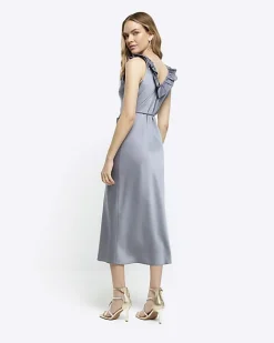 River Island Silver satin frill trim slip midi dress Grey Clearance