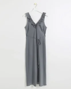 River Island Silver satin frill trim slip midi dress Grey Clearance