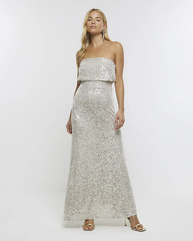 River Island Silver sequin bandeau maxi dress Grey Fashion