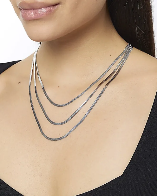 River Island Silver Sleek Multirow Necklace Grey Fashion