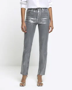 River Island Silver slim straight coated jeans Grey Sale