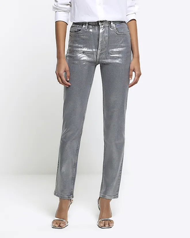 River Island Silver slim straight coated jeans Grey Sale