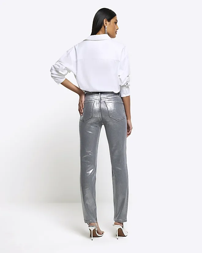 River Island Silver slim straight coated jeans Grey Sale