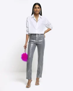 River Island Silver slim straight coated jeans Grey Sale
