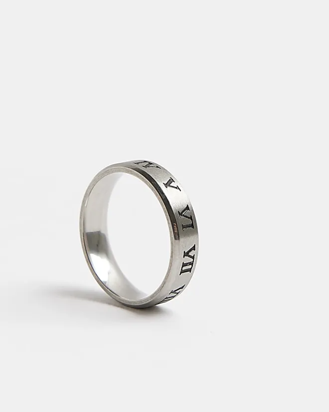 River Island Silver stainless steel engraved Band Ring Grey Online