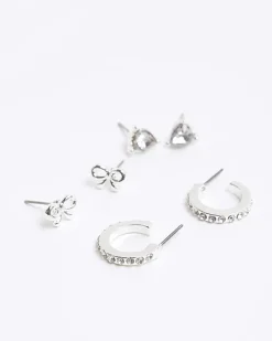 River Island Silver stud and hoop earrings 9 pack Grey Discount