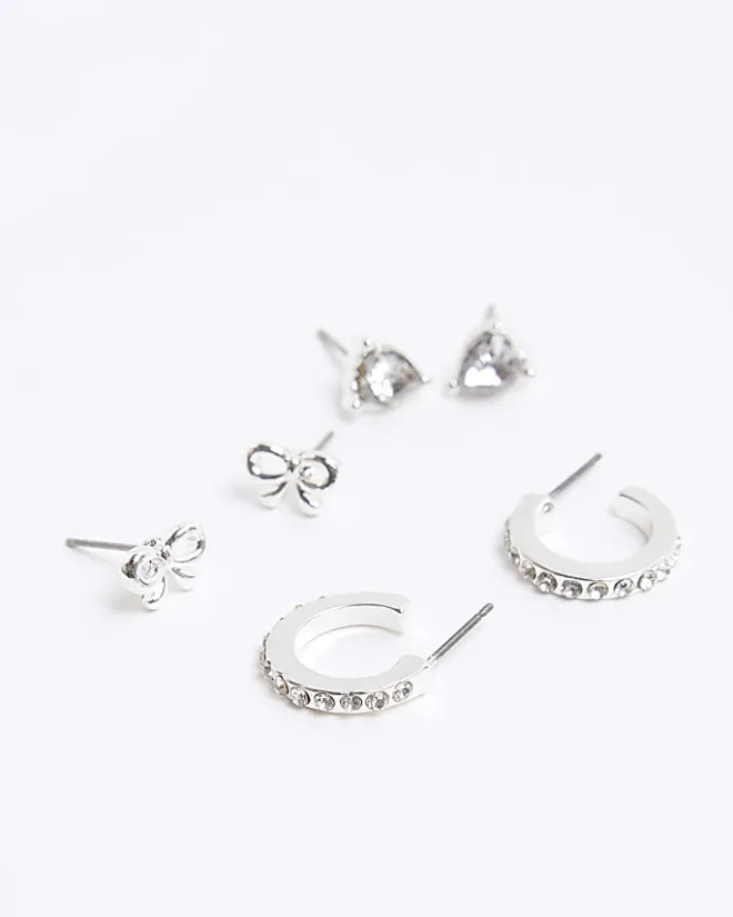 River Island Silver stud and hoop earrings 9 pack Grey Discount