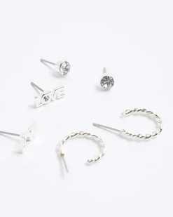River Island Silver stud and hoop earrings 9 pack Grey Discount