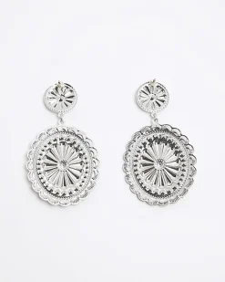 River Island Silver Textured Disc Drop Earrings Grey Best