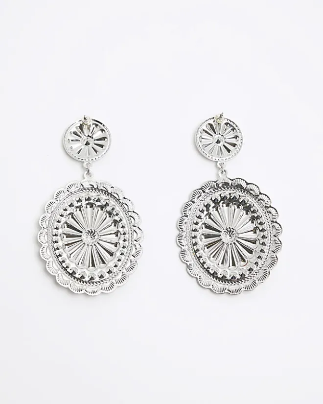 River Island Silver Textured Disc Drop Earrings Grey Best