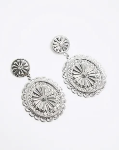 River Island Silver Textured Disc Drop Earrings Grey Best