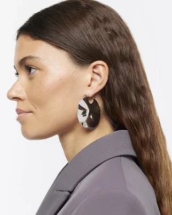 River Island Silver Textured Hoop Earrings Grey Fashion