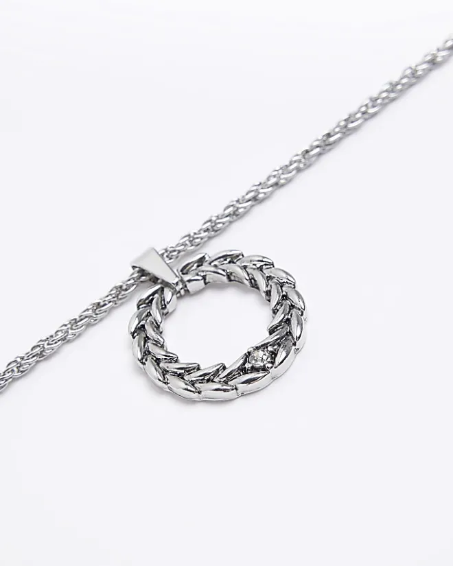 River Island Silver Twist Ring Pendant Necklace Grey Clearance