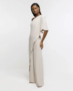 River Island Stone cape wide leg jumpsuit Cream New