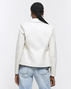 River Island Stone faux leather blazer Cream Outlet