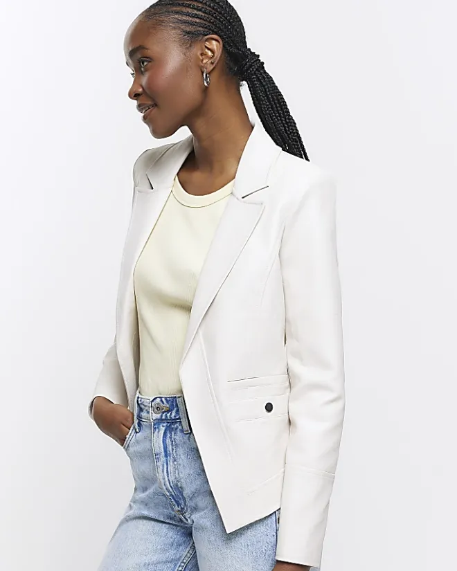 River Island Stone faux leather blazer Cream Outlet