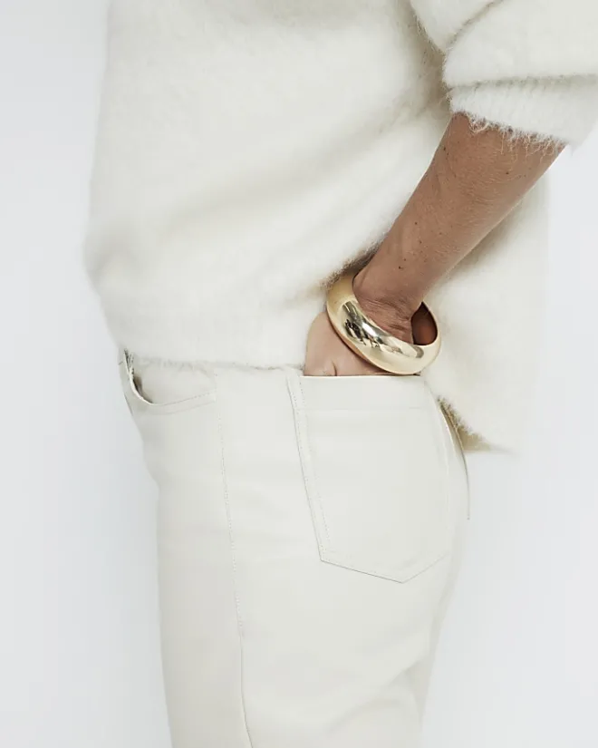 River Island Stone faux leather straight leg trousers Cream Online