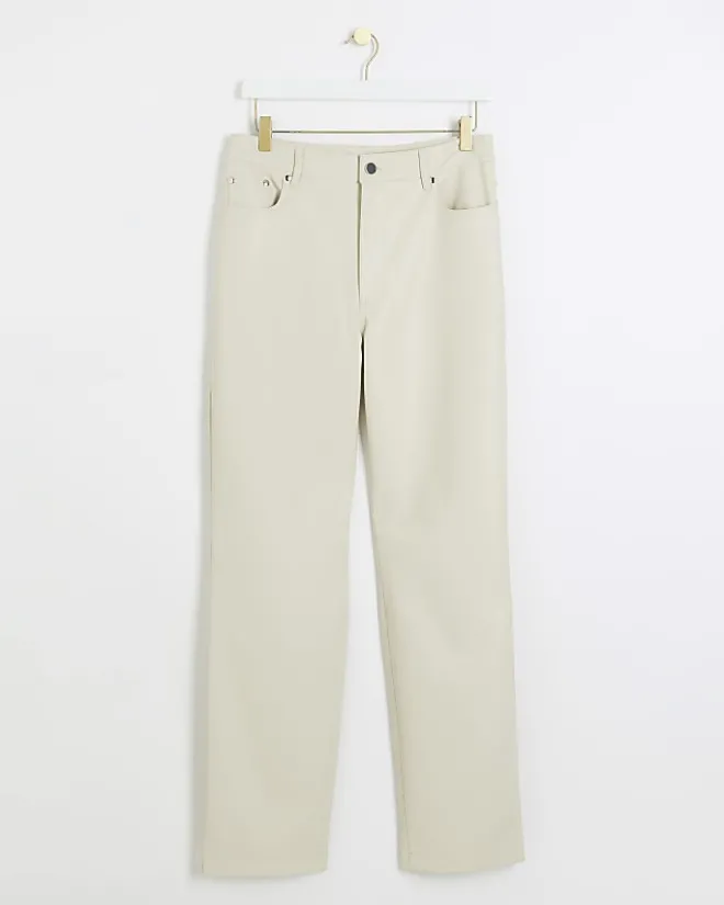 River Island Stone faux leather straight leg trousers Cream Online