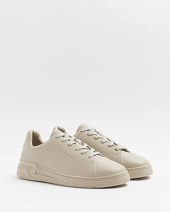 River Island lace up low top trainers Stone Clearance