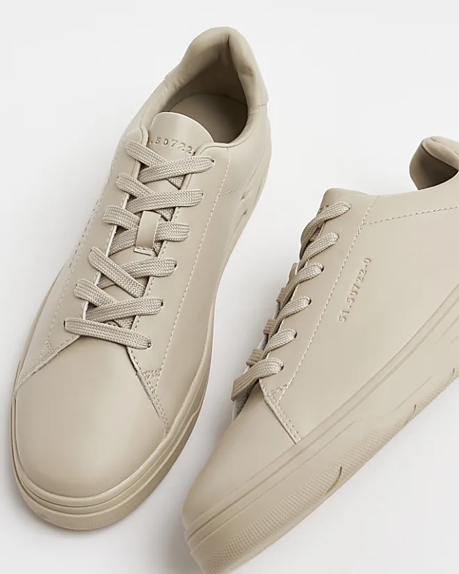 River Island lace up low top trainers Stone Clearance