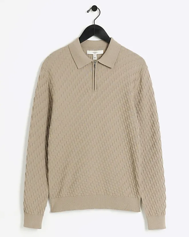 River Island muscle fit zig zag knit polo Stone Online