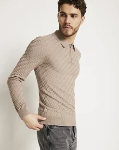 River Island muscle fit zig zag knit polo Stone Online