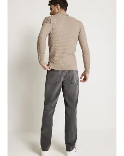 River Island muscle fit zig zag knit polo Stone Online