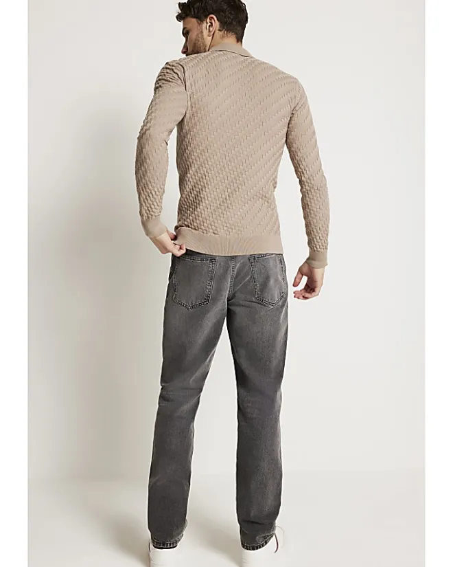 River Island muscle fit zig zag knit polo Stone Online