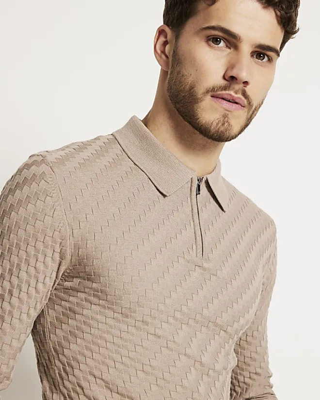 River Island muscle fit zig zag knit polo Stone Online