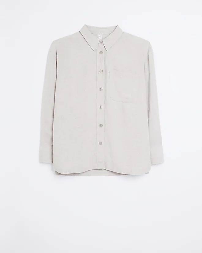 River Island Stone oversized shirt with linen Cream Outlet