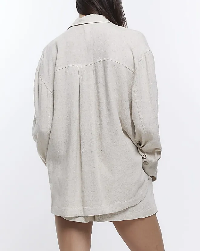 River Island Stone oversized shirt with linen Cream Outlet