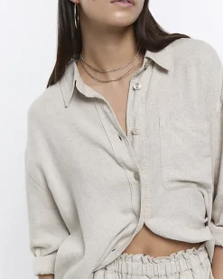 River Island Stone oversized shirt with linen Cream Outlet