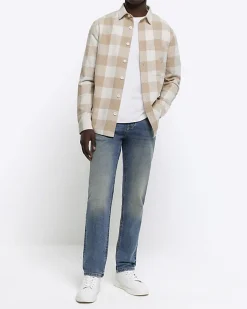 River Island regular fit check long sleeve shirt Stone New