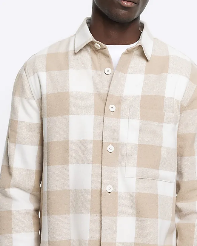 River Island regular fit check long sleeve shirt Stone New