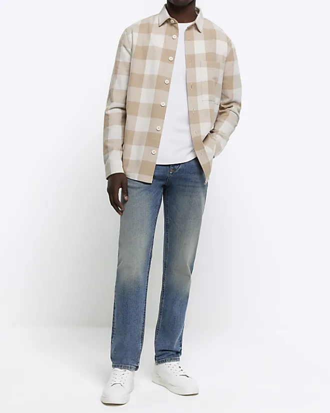 River Island regular fit check long sleeve shirt Stone New