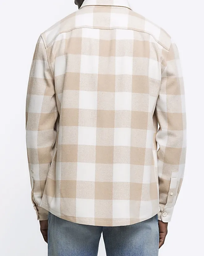 River Island regular fit check long sleeve shirt Stone New