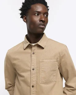 River Island regular fit chest pocket shirt Stone Fashion