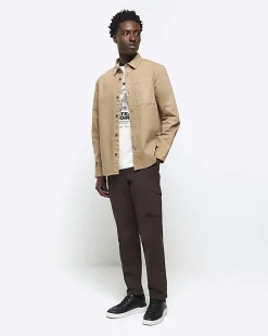 River Island regular fit chest pocket shirt Stone Fashion